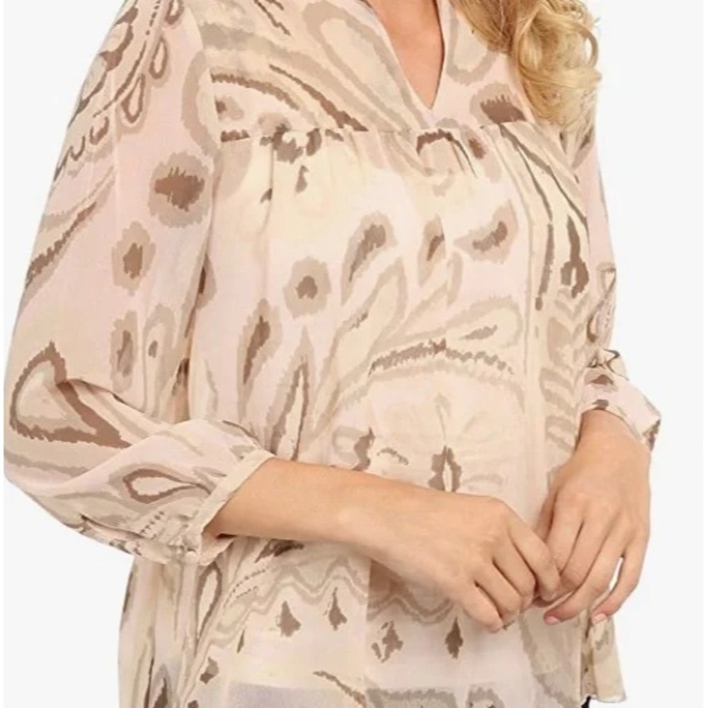 Lucky Brand Blouse Womens L Pink Tan Floral Tunic Sheer V-Neck 3/4 Sleeve